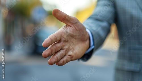 A businessman extending a handshake  signaling integrity and commitment  with ample space for your branding.