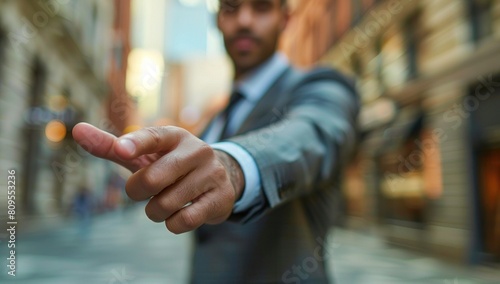 A businessman extending a handshake, signaling integrity and commitment, with ample space for your branding.