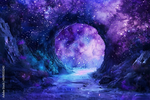 Artistic rendering of a night sky portal opening to another world photo