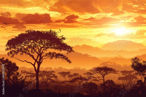 Jungle Silhouette with Mountains  Wild Africa Nature on Golden Cloudy Sunset Background