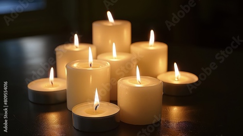 An arrangement of white burning candles on dark background beautiful candles background 