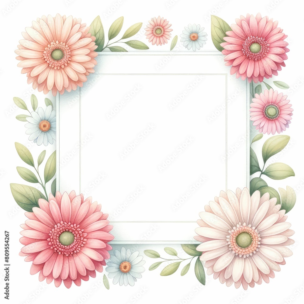 gerbera daisy themed frame or border for photos and text. watercolor illustration, Perfect for nursery art, simple clipart, single object, white color background.
 for invitation, wedding, printing.