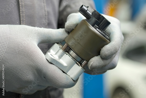 Auto parts.Exhaust gas recirculation valve. Close-up. An auto mechanic holds a new spare part in his hands. Visual inspection of the integrity and serviceability of the product before replacement.