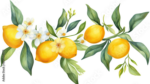 Branch with lemons, flowers and leaves. Summer and harvest. Isolated watercolor illustration on white background.
