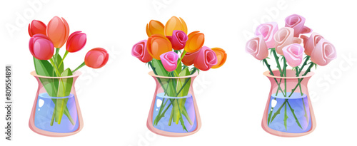 Cut flower bouquet in glass vase. Cartoon vector illustration set of cute plant in pot. Floral composition with tulip and rose in bottle. Botanical bunch of bloom in pitcher for home decor or gift.