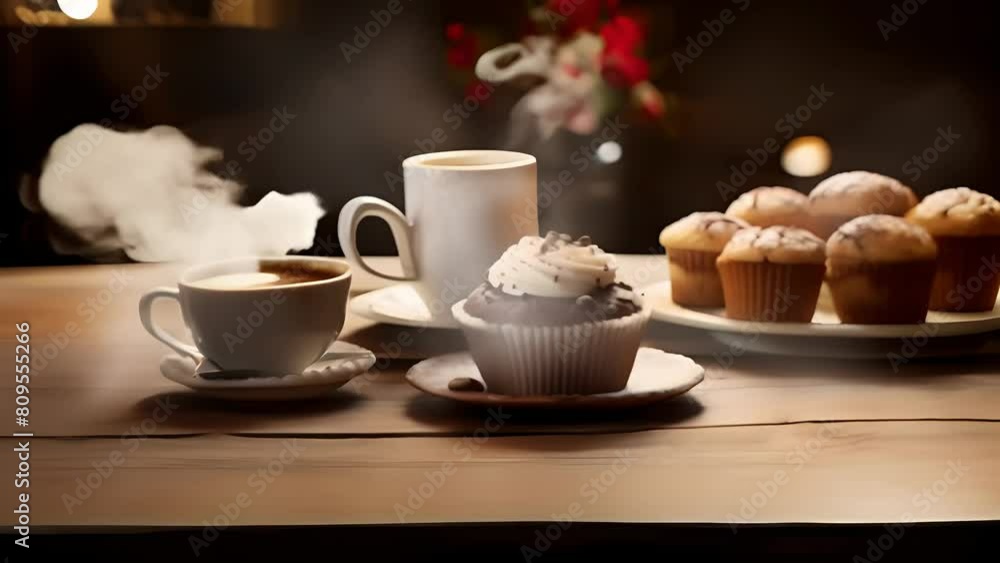 Muffins and cups of tea on the table Muffins and cups of tea on the table