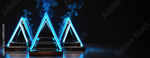 3d rendering illustration modern futuristic podium stage platform with neon lighting and black background for premium produt business technology.ai generated photo