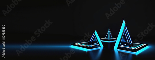 3d rendering illustration modern futuristic podium stage platform with neon lighting and black background for premium produt business technology.ai generated photo