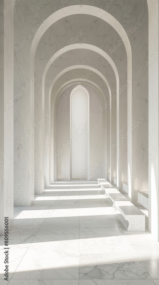 The stark contrast of shadow and light in a minimalist marble cathedral sanctuary evoking a sense of peace