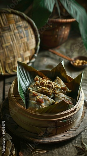 The Chinese dish is Zongzi. Glutinous rice with fillings  wrapped in bamboo  cane or any other flat leaf  steamed.