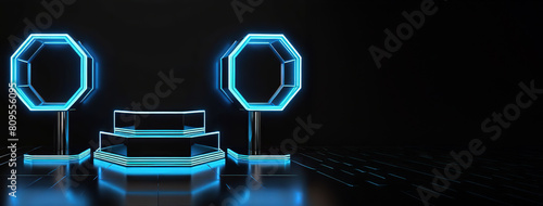 3d rendering illustration modern futuristic podium stage platform with neon lighting and black background for premium produt business technology.ai generated photo