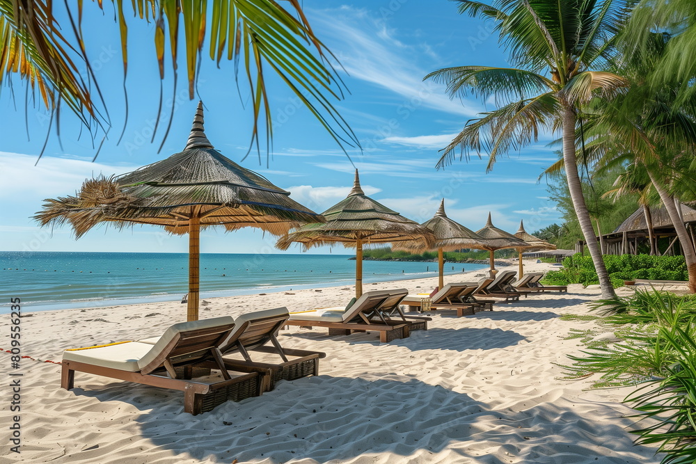 Obraz premium A beautiful tropical beach scene with sunbeds and thatched roof parasols lined up under palm trees on a sandy beach. Summer vacation travel concept. Side view from behind.Generative AI