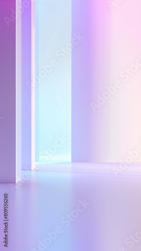 Light blue and purple gradient columns and floor. A 3D rendered background image of an empty studio for a surreal product showcase photo shoot  where lighting and shadows create a mystical atmosphere.