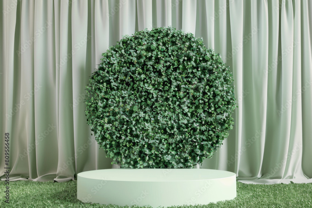 Fototapeta premium Minimalist Circular Green Foliage Display with White Curtains