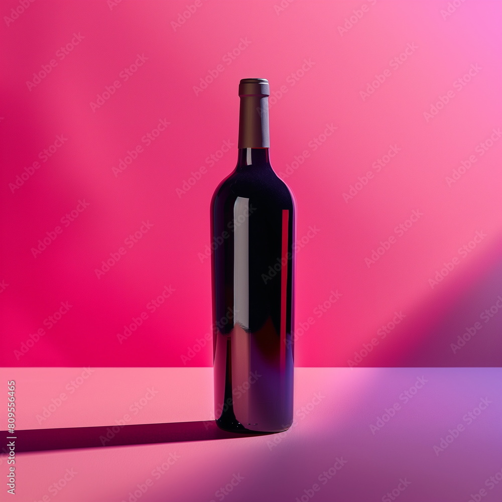 A one wine bottle without a label in a dark studio with a deep pink background and a heavy shadow cast by the wine bottle. Wine brand advertising studio photo. Copy space. Generative AI A one wine bottle without a label in a dark studio with a deep pink background and a heavy shadow cast by the wine bottle. Wine brand advertising studio photo. Copy space. Generative AI