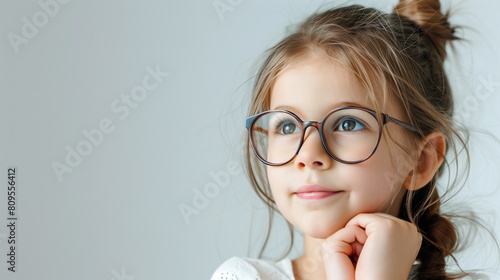 An adorable, cute 7-year-old girl is wearing her horn-rimmed glasses, resting her chin on her hands, and contemplating her career path. Generating AI
