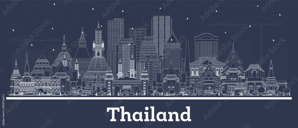 Obraz premium Outline Thailand City Skyline with white Buildings. Tourism Concept with Historic Architecture. Thailand Cityscape with Landmarks.