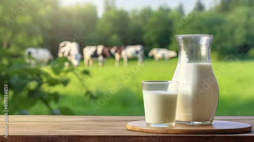 Milk, cottage on table, cows on farm field in blur background. copy space for text