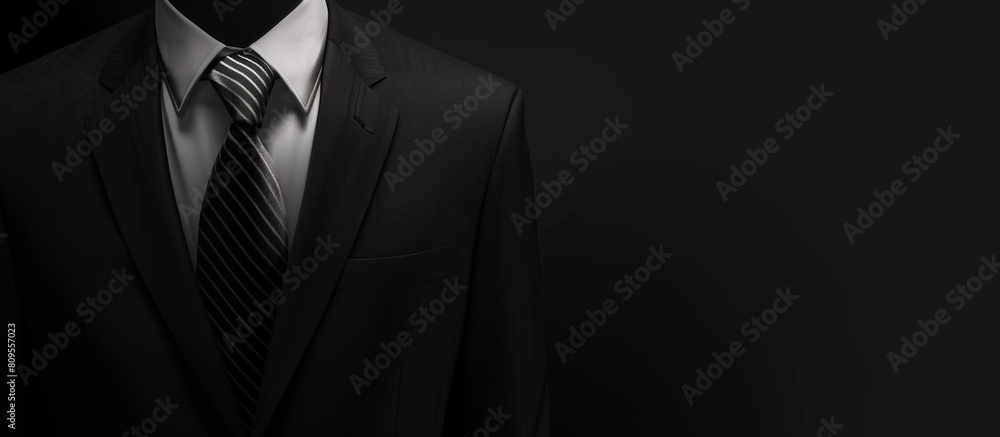 A black-and-white close-up photo of the upper part of a black suit, with a white shirt and a black tie, against a black background. Right copy space. A black-and-white close-up photo of the upper part of a black suit, with a white shirt and a black tie, against a black background. Right copy space.