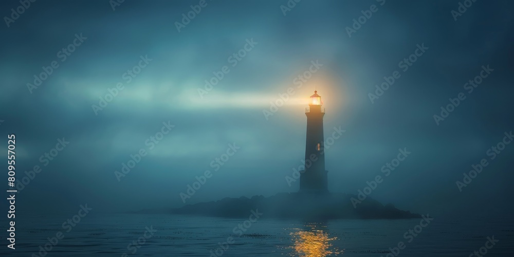 A lighthouse is lit up in the fog. The light is bright and the water is calm. The scene is peaceful and serene