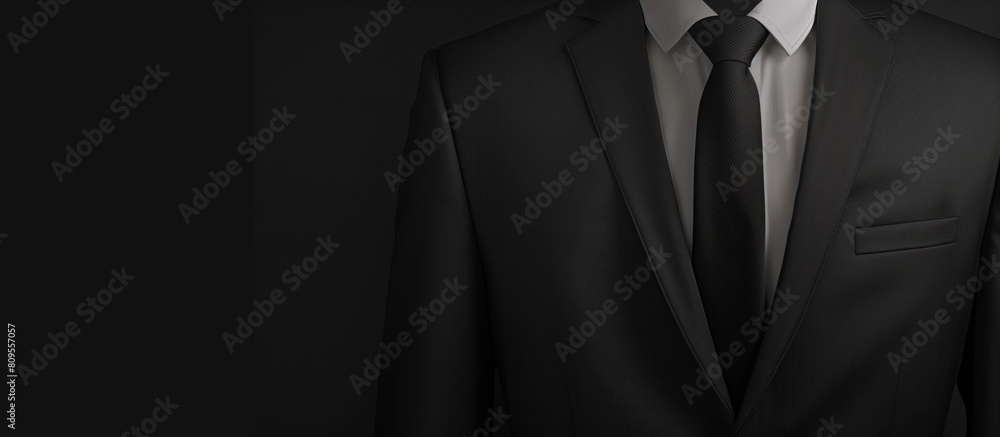 A black-and-white close-up photo of the upper part of a black suit, with a white shirt and a black tie, against a black background. Left copy space. A black-and-white close-up photo of the upper part of a black suit, with a white shirt and a black tie, against a black background. Left copy space.