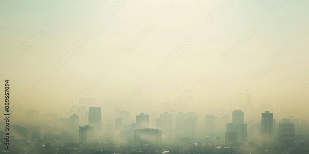 A city skyline with a hazy, smoggy atmosphere. The buildings are tall and the sky is overcast