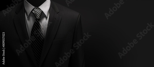 A black-and-white close-up photo of the upper part of a black suit, with a white shirt and a black tie, against a black background. Right copy space. 