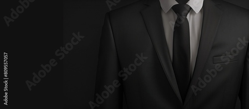 A black-and-white close-up photo of the upper part of a black suit, with a white shirt and a black tie, against a black background. Left copy space.	