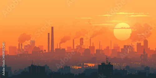 A city skyline with a large orange sun in the background. The sun is setting and the sky is filled with smoke from factories