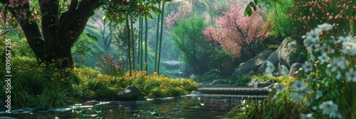 a serene pond surrounded by lush trees and a large rock  with a vibrant purple and pink flower adding a pop of color to the scene