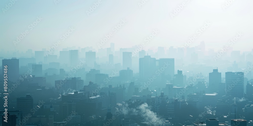 A city skyline with a foggy atmosphere. The city is covered in a thick layer of smog, making it difficult to see the buildings clearly. The sky is a pale blue color A city skyline with a foggy atmosphere. The city is covered in a thick layer of smog, making it difficult to see the buildings clearly. The sky is a pale blue color