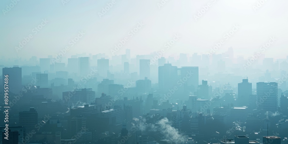 A city skyline with a foggy atmosphere. The city is covered in a thick layer of smog, making it difficult to see the buildings clearly. The sky is a pale blue color