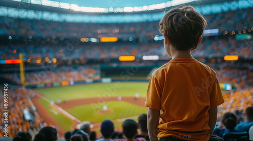 The back of a boy standing looking at a baseball field full of spectators from high up in the stands with a panoramic view of the baseball field. Generative AI