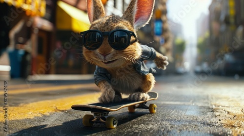 A cartoon rabbit is skateboarding down a street wearing sunglasses