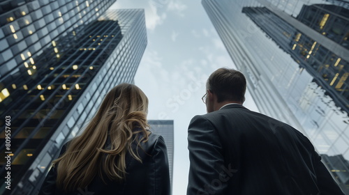The back of a man and a woman standing among the forest of buildings looking up at a high-rise building. Upward shot, Low angle shot. 