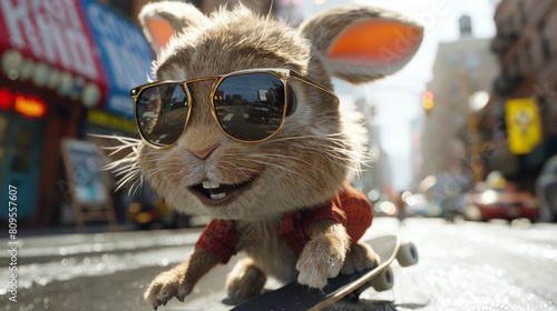 A cartoon rabbit is skateboarding down a street wearing sunglasses © OZTOCOOL