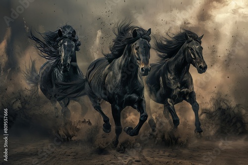 Three horses galloping in the wind