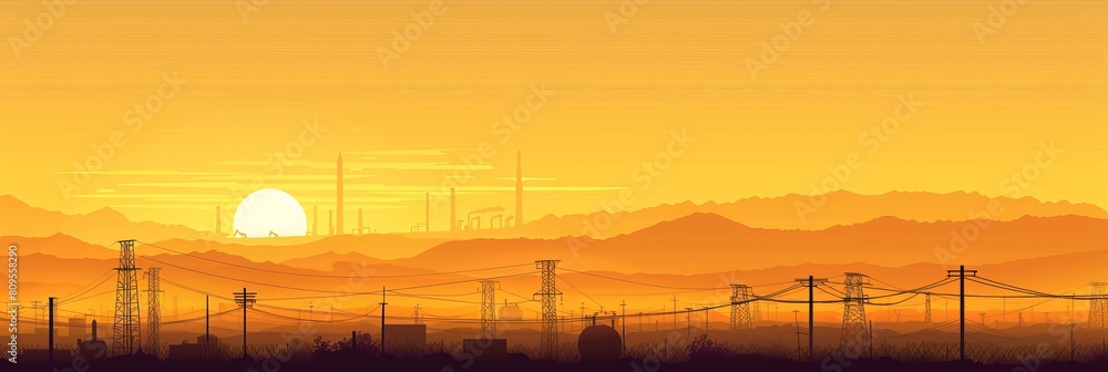 A sunset over a city with a large power line tower in the background. The sky is orange and the sun is setting A sunset over a city with a large power line tower in the background. The sky is orange and the sun is setting