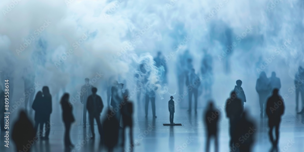 A group of people are standing in a foggy, hazy atmosphere. The people are all in different positions, some are standing closer to the camera while others are further away. Scene is one of confusion A group of people are standing in a foggy, hazy atmosphere. The people are all in different positions, some are standing closer to the camera while others are further away. Scene is one of confusion