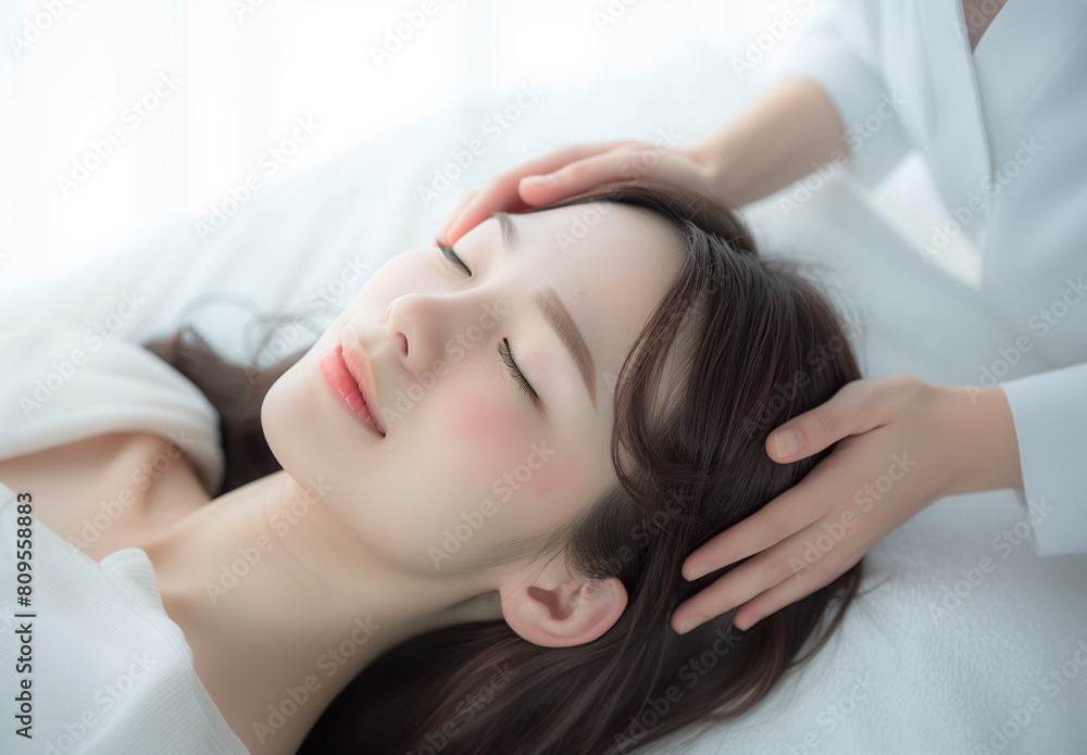 Close-up of the face of a young, beautiful Asian woman lying with her eyes closed on a white bed and receiving a massage. Generative AI Close-up of the face of a young, beautiful Asian woman lying with her eyes closed on a white bed and receiving a massage. Generative AI