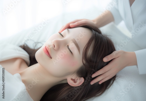 Close-up of the face of a young, beautiful Asian woman lying with her eyes closed on a white bed and receiving a massage. Generative AI