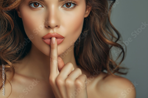 beautiful young woman puts her index finger to her lips and looks at the camera. photo