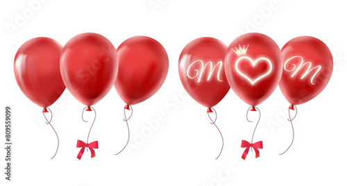 3d rendering red balloons and red balloons with glowing mom for Mother s day isolated on transparent background  PNG file add