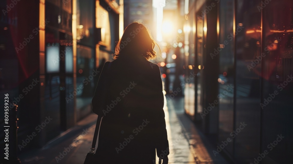 Woman walking in shadows in the city, dark light photography