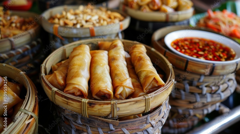 Thai spring rolls with sweet chili sauce, street food in Thailand.