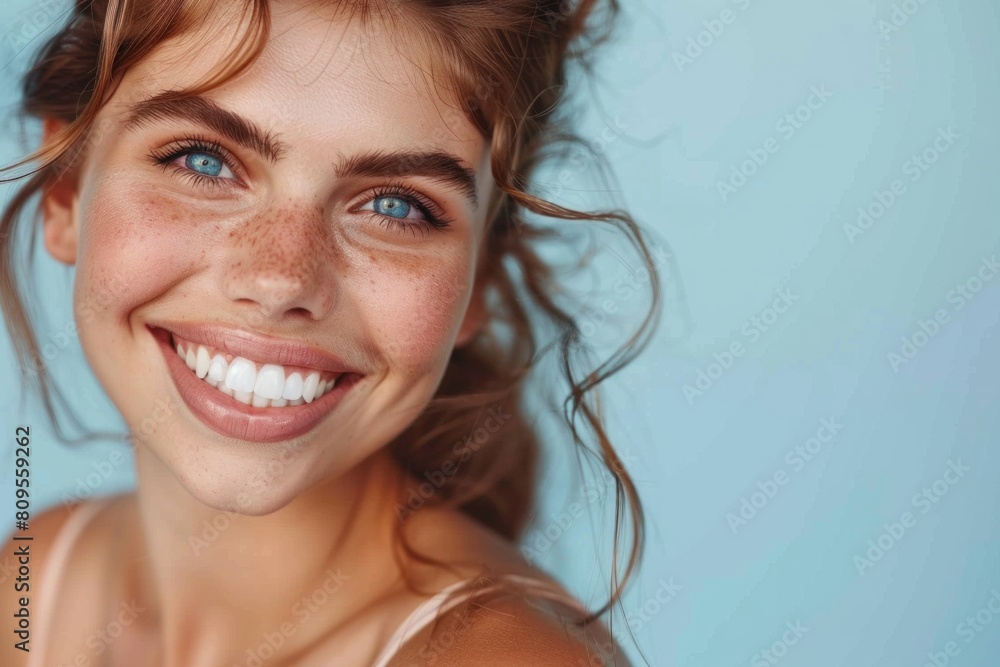 Young ginger woman with toothy smile and blue eyes Young ginger woman with toothy smile and blue eyes