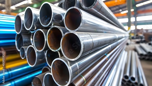 Galvanized steel pipes stacked in warehouse along with aluminum and stainless steel. Concept Metal materials, Warehouse storage, Industrial supplies, Construction materials