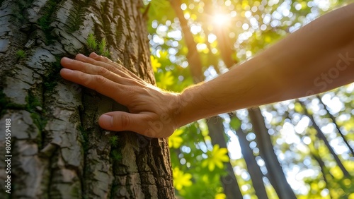 Closeup image of human hand touching tree trunk in green forest. Concept Nature, Human Connection, Green Forest, Closeup Photography, Environmental Awareness
