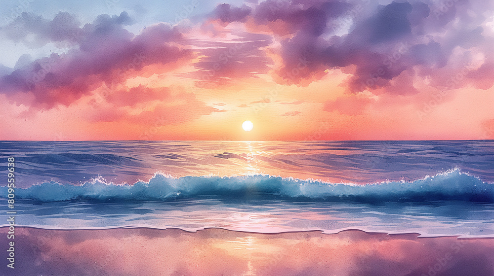 Obraz premium Beautiful sunset over the sea. watercolor illustration.