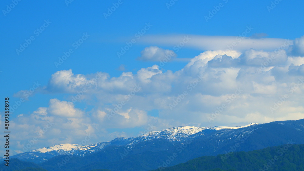 Beautiful View Of The Snow-Covered Spruce And Mountains. Blue Clear Sky. Timelapse.
